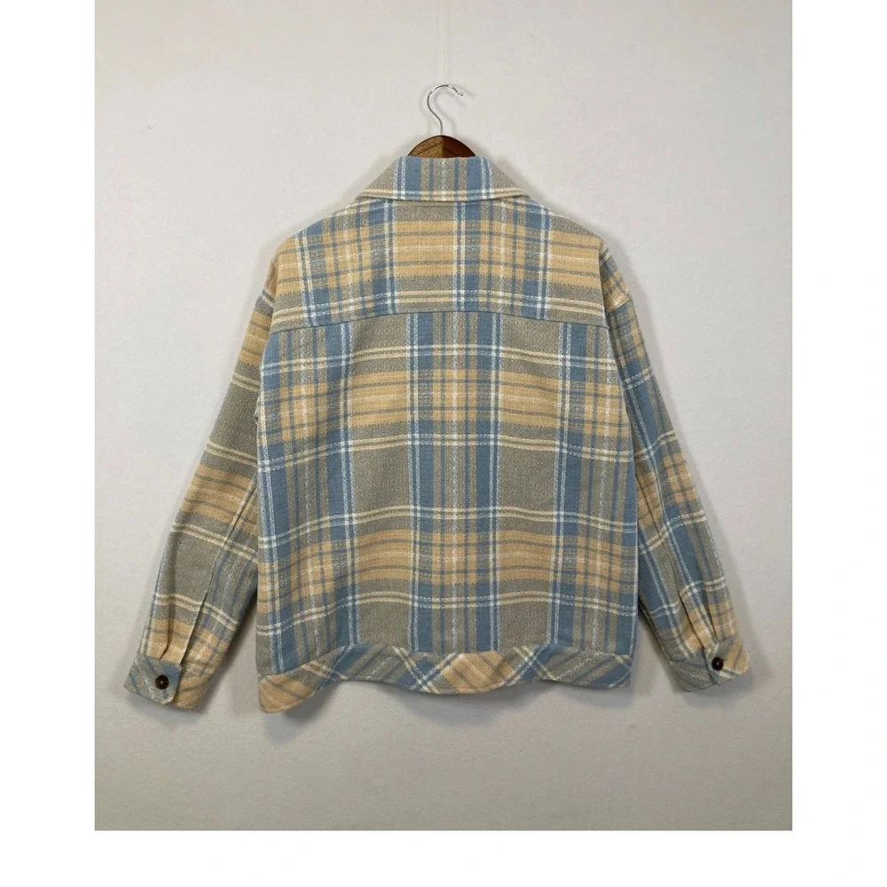 Boston Traders Plaid Flannel Shirt Jacket Beige Blue‎ Button Up Casual Size M - Picture 2 of 9